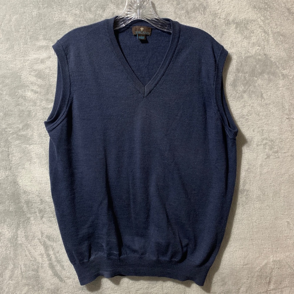 Toscano Mens Navy Blue 100% Merino Wool V-Neck Sweater Vest Large Made in Italy